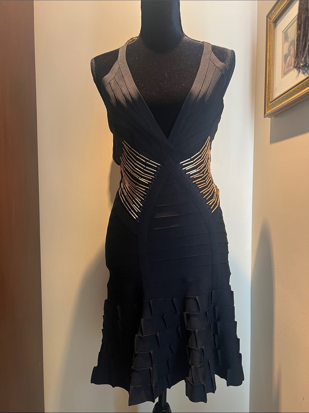 Herve Leger Black Midi Bandage Dress with Gold Side Bars